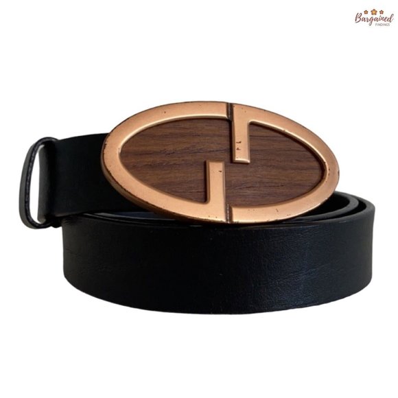 Authentic Gucci Vintage Black Leather Bronze Interlocking G Wood Belt 80/32 - Picture 1 of 12